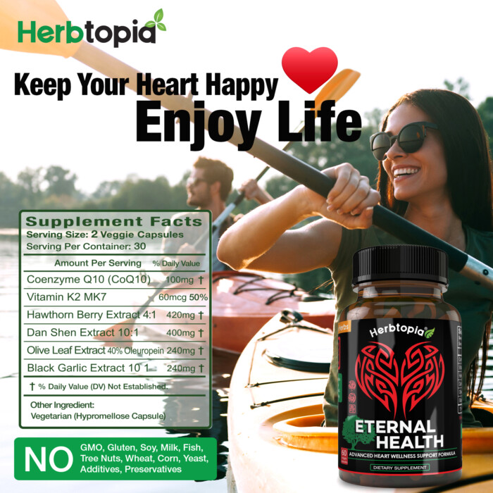 A woman in a black shirt is smiling and paddling a kayak with a red heart behind her. The caption reads "Keep Your Heart Happy Enjoy Life" with the brand name Herbotopia in the top left corner. The image also shows a bottle of Herbotopia "Eternal Health" dietary supplements, which has an ingredient list and states "No GMO, Gluten, Soy, Milk, Fish, Tree Nuts, Wheat, Corn, Yeast, Additives, Preservatives". The bottle label also includes the brand logo, which is a stylized red heart within a green leaf. The image appears to be promoting heart health supplements.