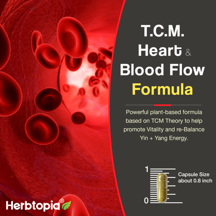 **Herbtopia® T.C.M. Heart & Blood Flow Formula** This powerful plant-based formula is based on TCM Theory to help promote Vitality and re-balance Yin + Yang Energy. Each capsule is about 0.8 inches long.